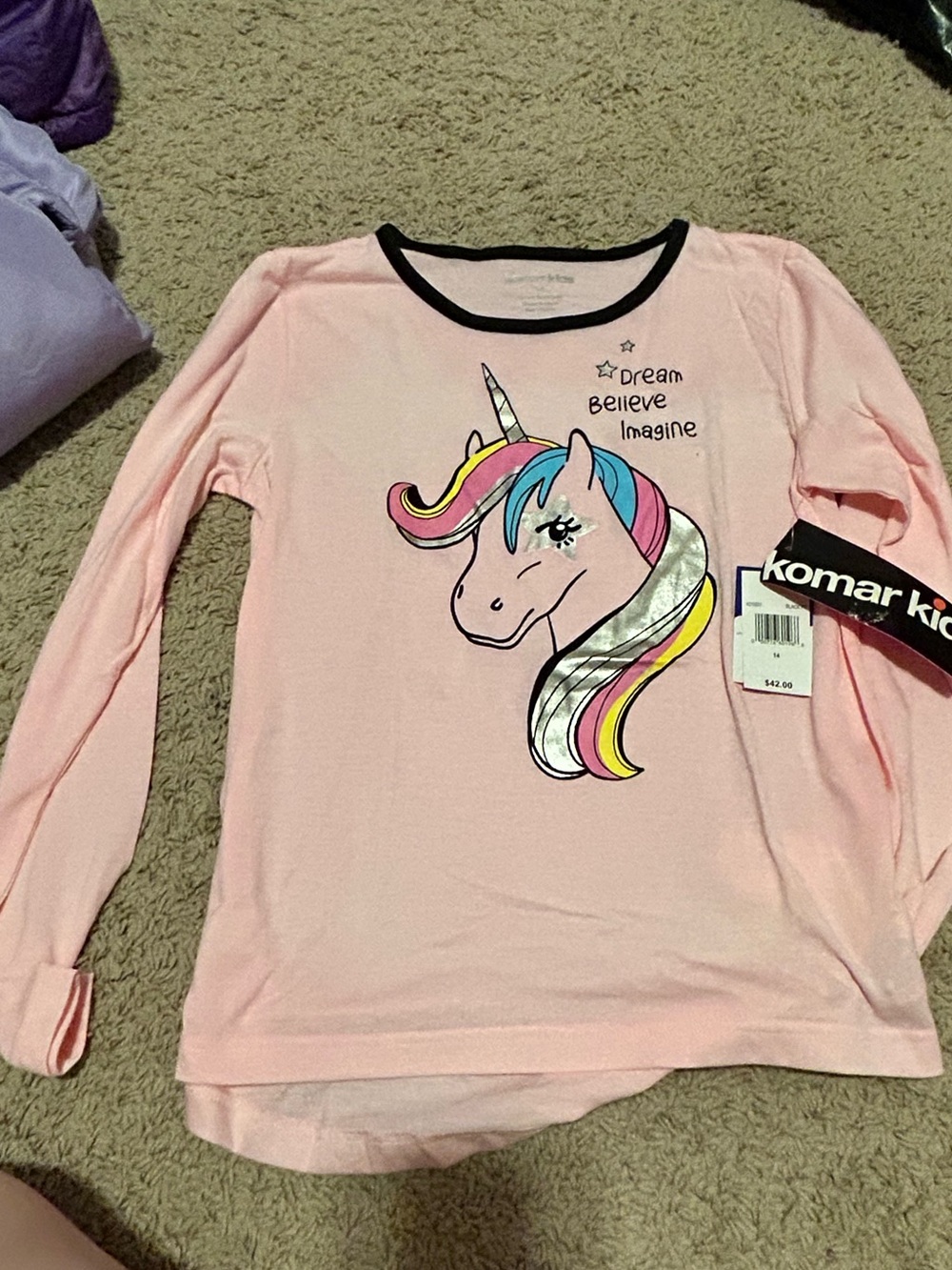 Komar Kids Pink Unicorn Long Sleeve Shirt with Black Trim